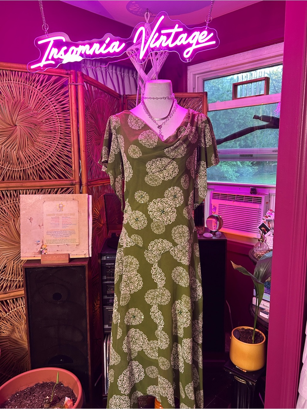 Robbie Bee Y2K Olive Green Maxi Dress with White Floral Print
